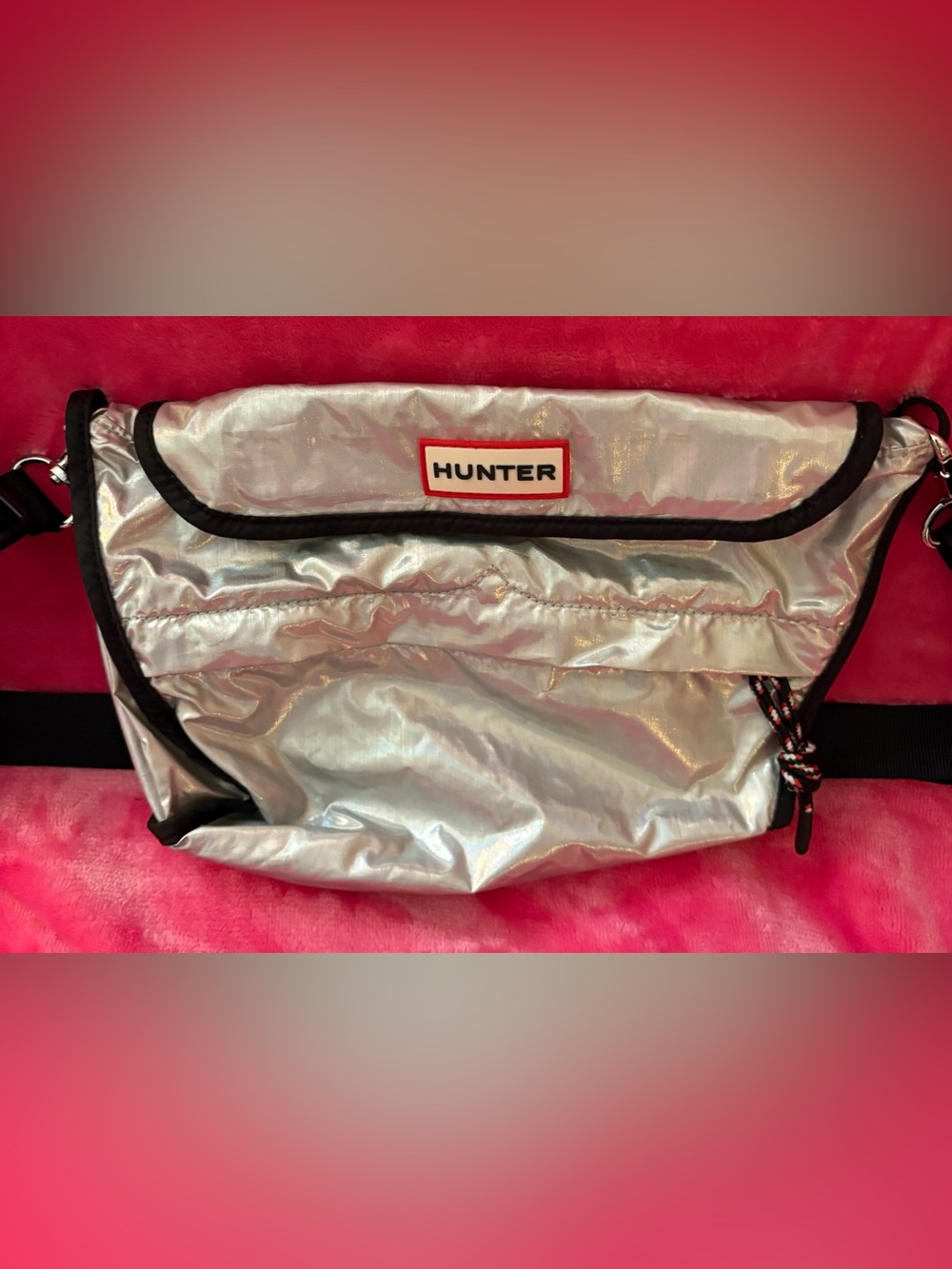 Hunter Silver Metallic Cosmetic Pouch with Red Logo Trim